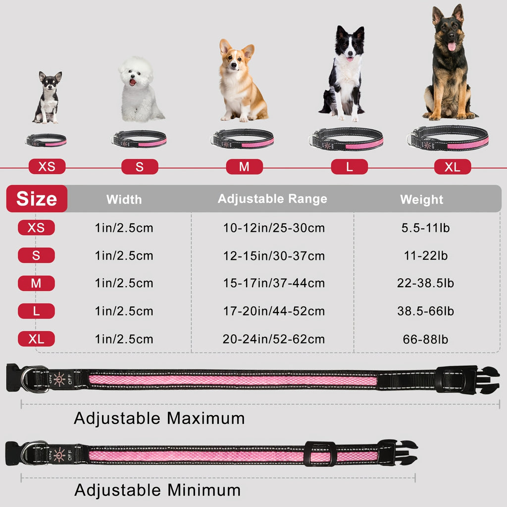 Glow Walk collar size chart: adjustable neck measurements for XS to XL
