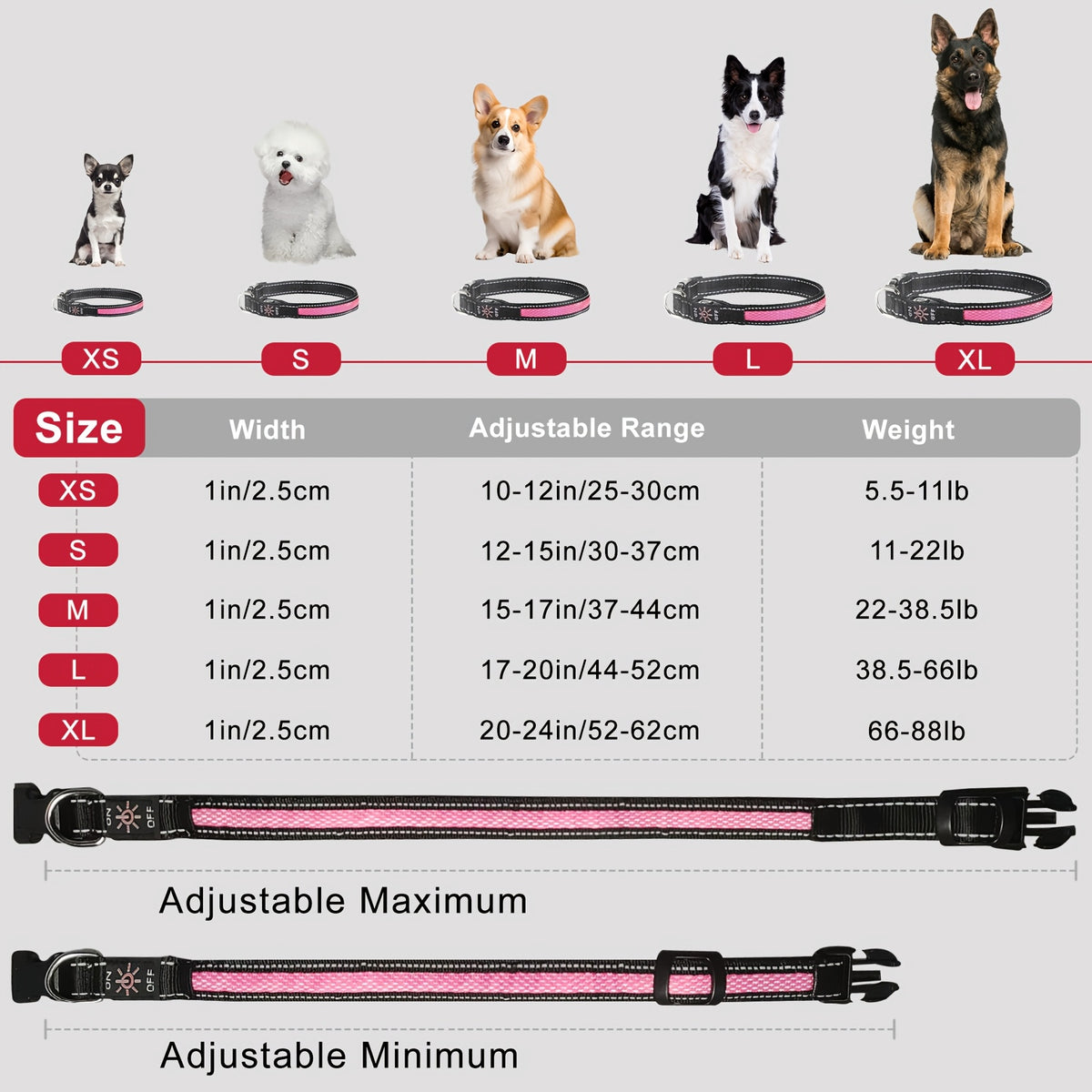 Glow Walk collar size chart: adjustable neck measurements for XS to XL