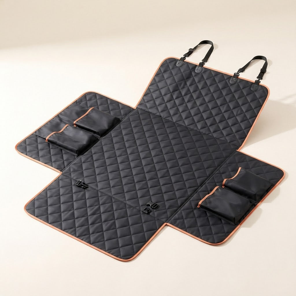 Black quilted dog car seat cover hammock with side pockets