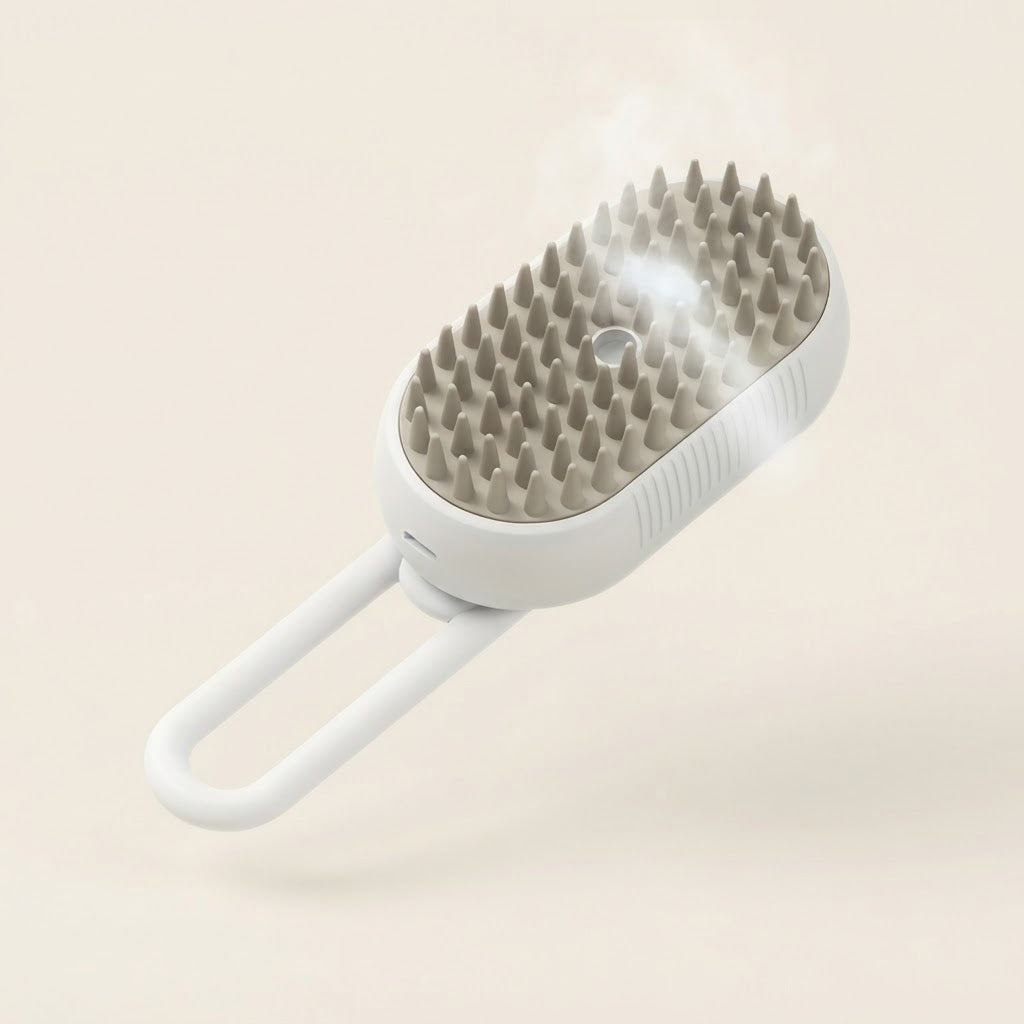 White self-cleaning steam pet brush with mist, cream background